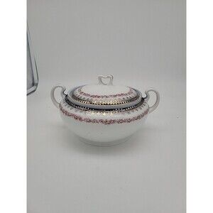 Mosanic Bavaria Covered Dish Vintage Antique? Blue Gold Pink Flowers Lid Handles